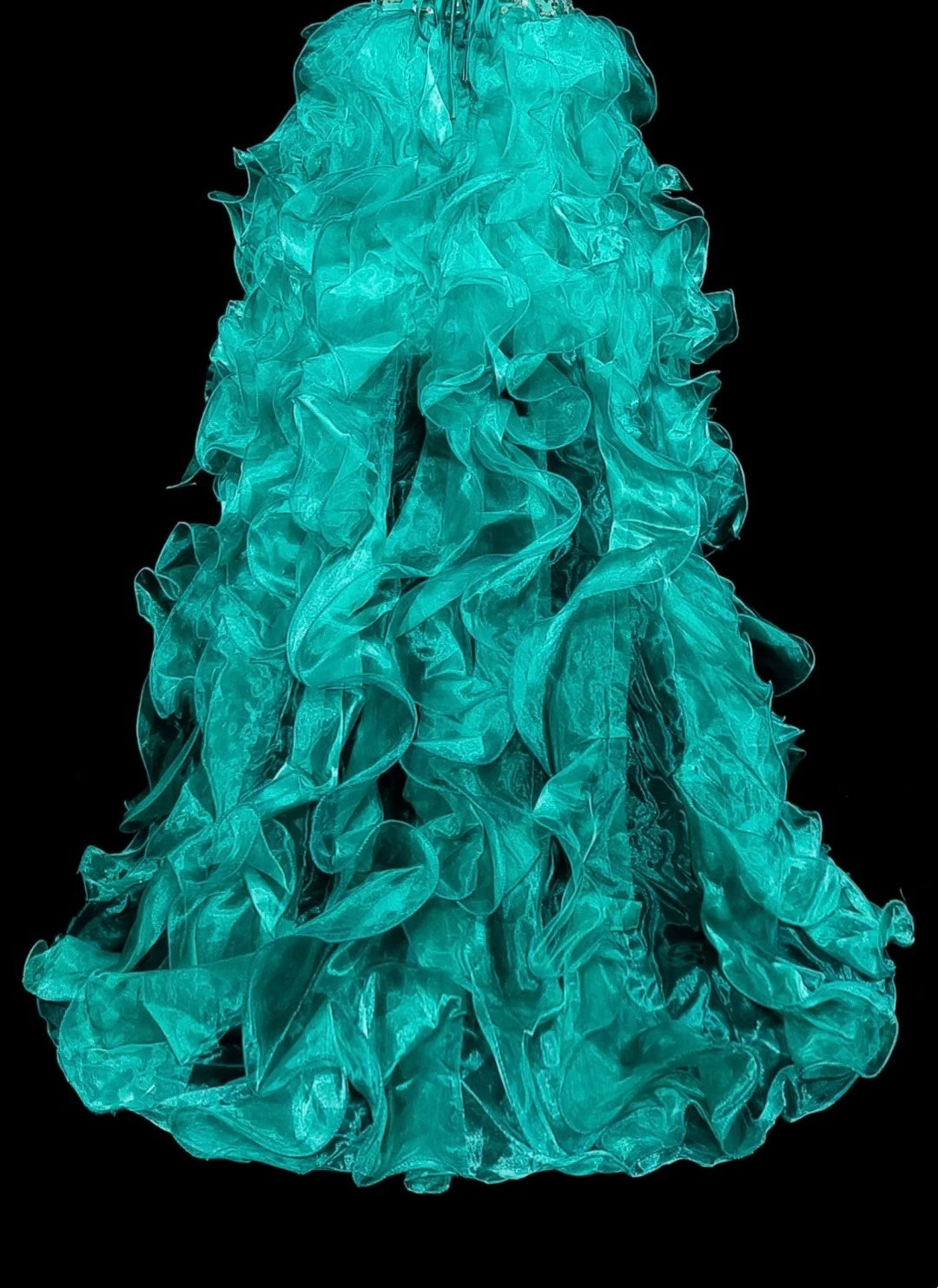 Robe de bal longue vintage années 1760, bustier cœur, en organza vert, sans manches, à volants superposés, N1588
