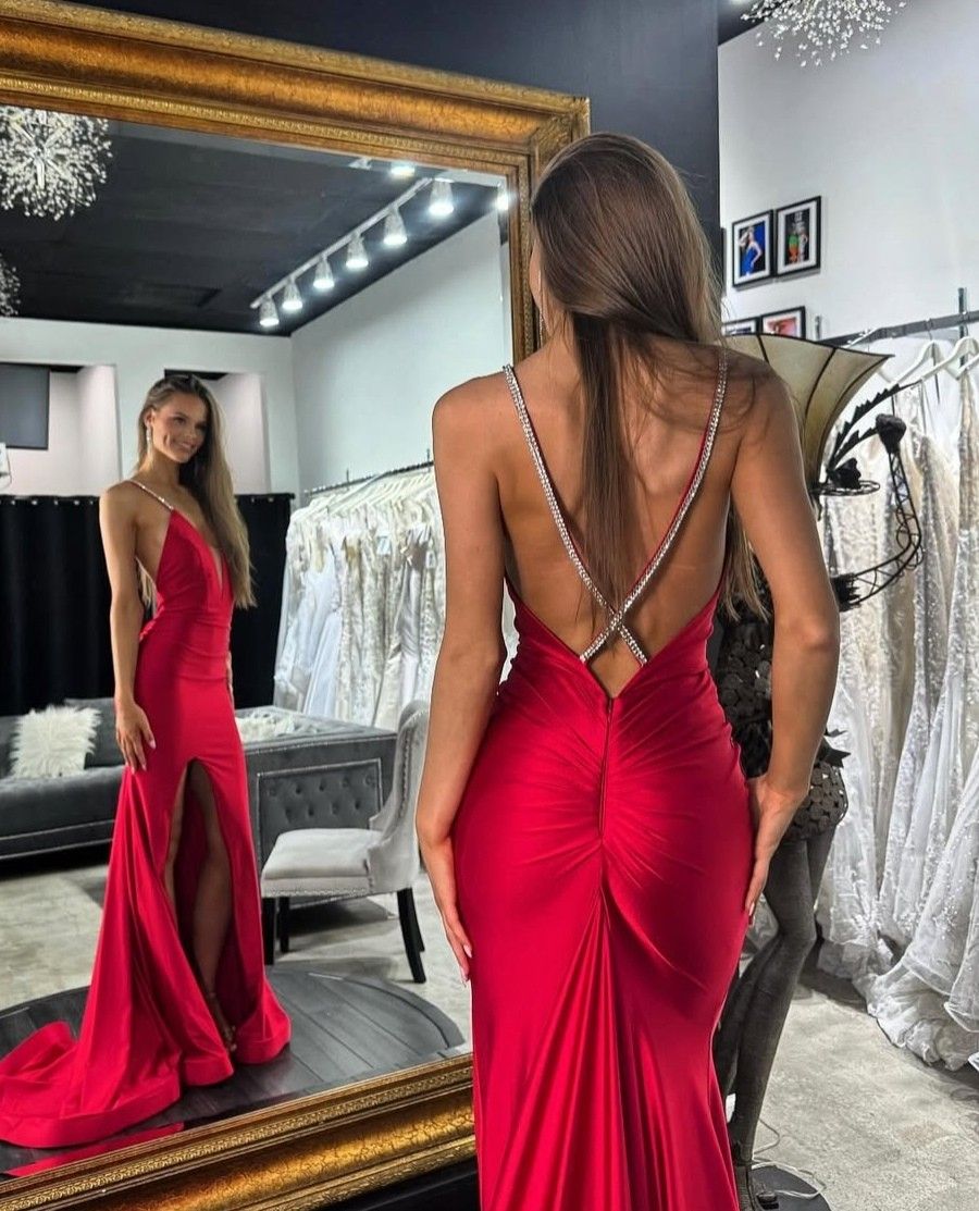Modest Night Aesthetic Mermaid Spaghetti Straps Red Backless College Formal Outfit Long Prom Graduation Dresses For Teens N1121