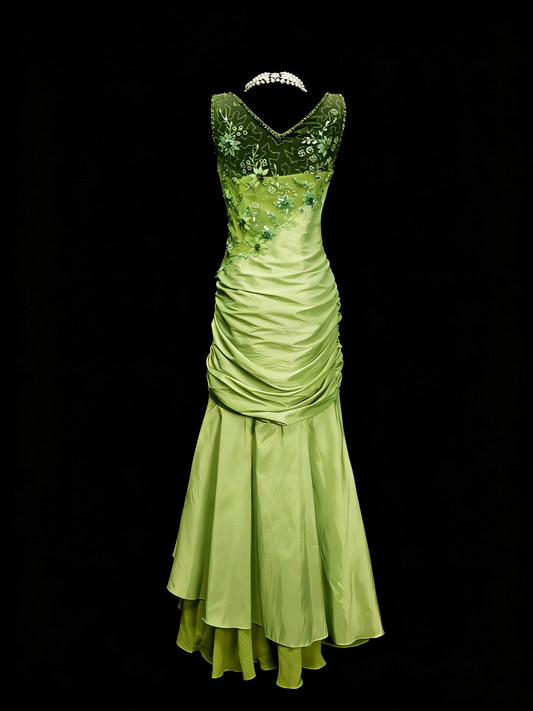 Vintage Mermaid V Neck Bud Green Satin 90s With Beaded Prom Dresses Long Formal Party Gown N1385