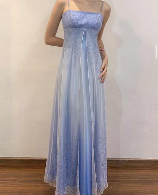 Vintage A-Linie Spaghettiträger Ombre Blau Mit Perlen Abendkleid Langes Ballkleid N2748