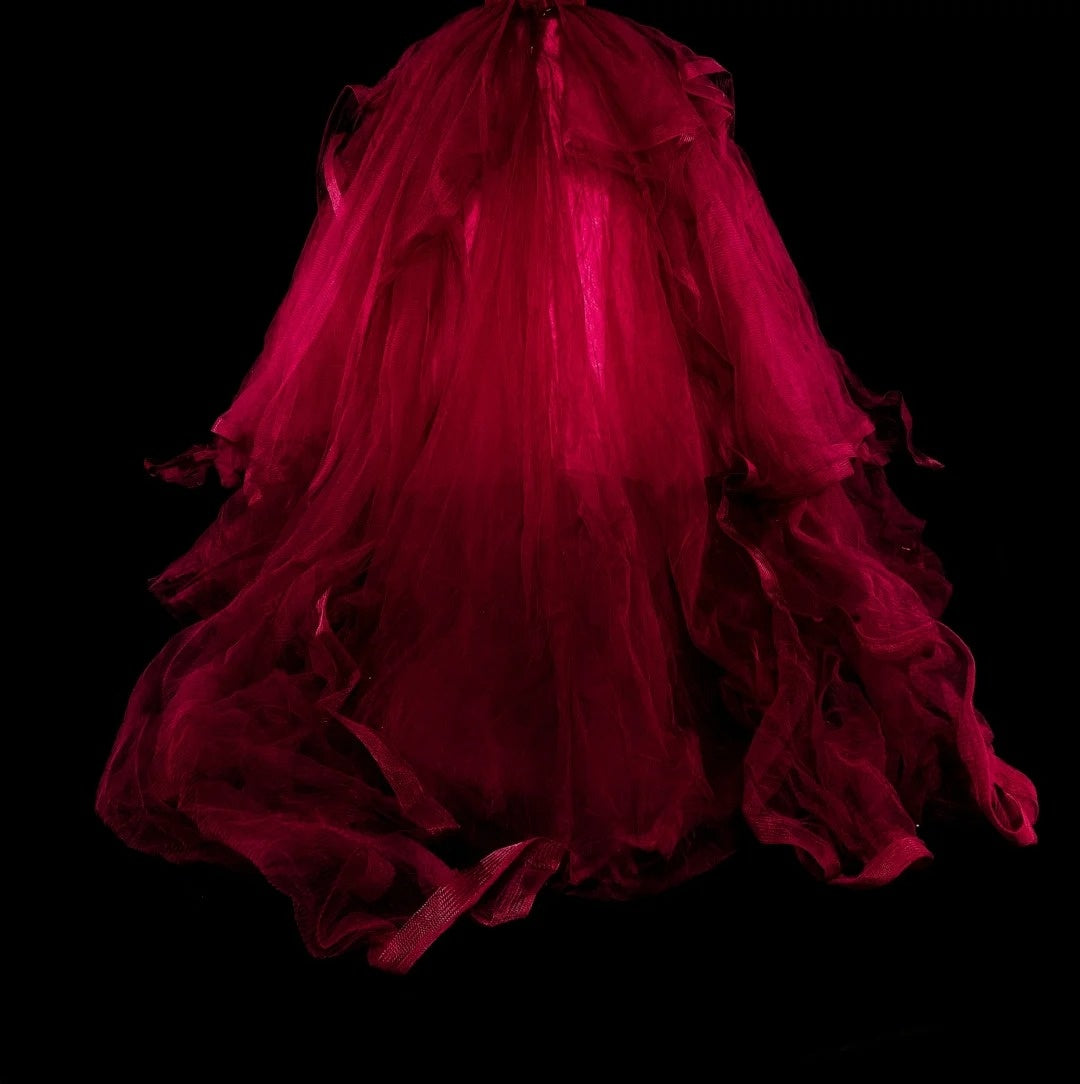 Robe de bal élégante à fines bretelles en tulle bordeaux, inspiration robe de bal longue pour Sweet 16 N1826