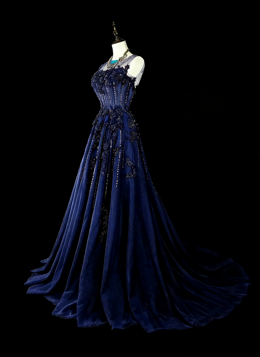 Vintage 1780s A line Sweetheart Navy Blue Tulle Sleeveless With Beadings Long Prom Dresses N1589