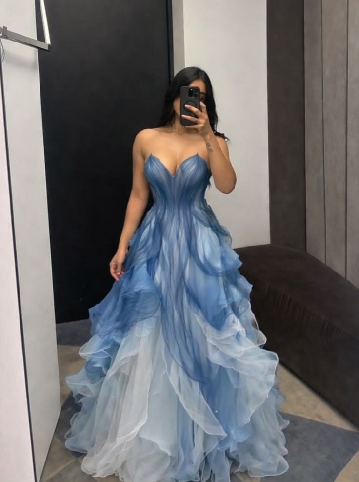 Cute Ball Gown Sweetheart Gradient White Blue Tulle Long Prom Dress Birthday Sweet 15 16 Birthday Outfits RC1332