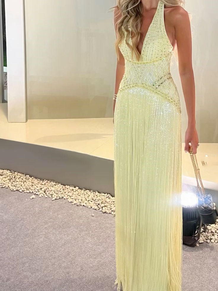 Yellow Mermaid Prom Dresses Inspiration Halter Beaded Tassel Evening Gown Long Gala Formal Dress RC1506
