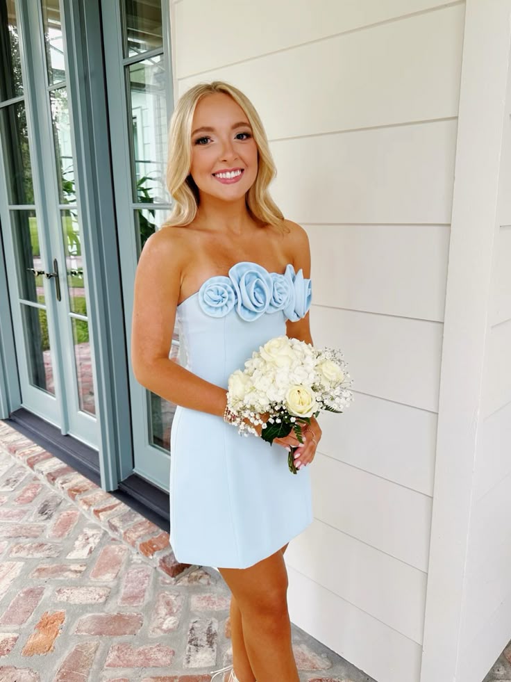 Pretty A Line Strapless Blue With Flowers Mini Dress Homecoming Dresses University Ideas Inspo Short Hoco Court Gowns RB7251