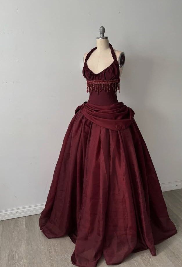 Dreamy Ball Gown Halter Sleeveless Sweep Train Taffeta Burgundy Long Prom Dress Evening Party Formal Outfits RB6690