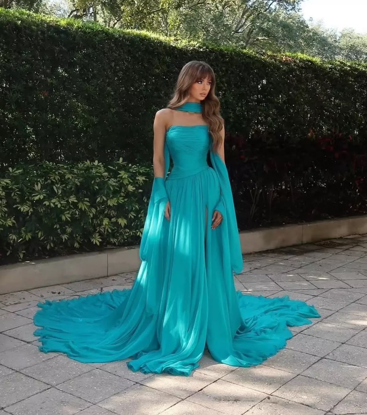 Charming A Line Strapless With Scarf Blue Chiffon Long Prom Dresses Evening Outfits Formal Dress N1019