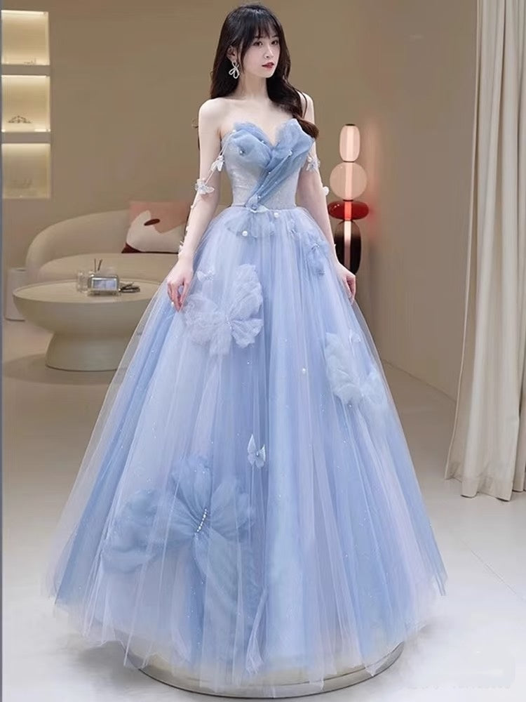 Robe de bal élégante en tulle bleu à décolleté cœur, longue robe de soirée formelle AB2318