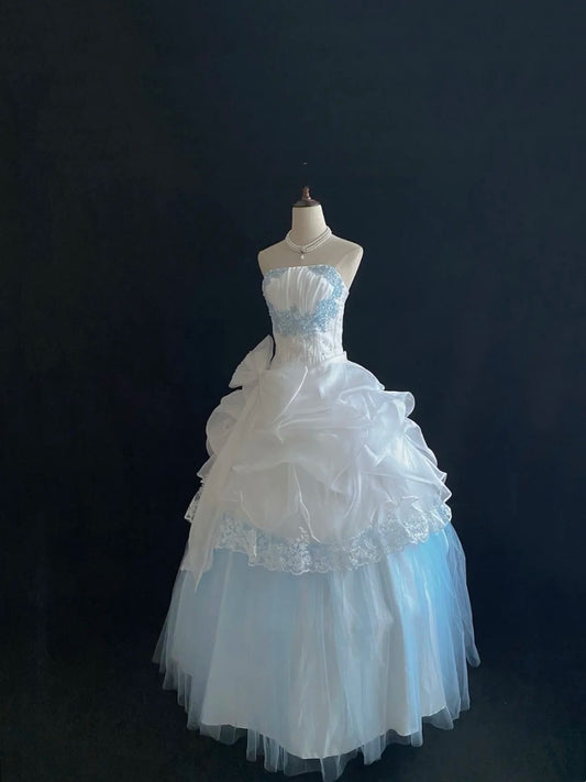 Sweet 15 Quinceanera Dress Ball Gown Strapless Blue With Lace Appliques Tiered 15th Birthday Gown RC0232