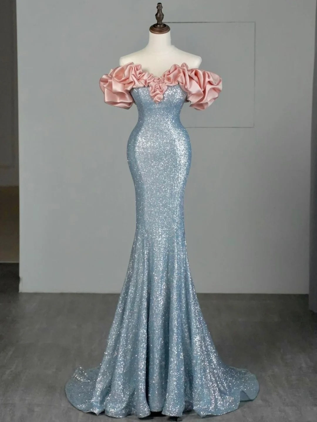Magnifique robe de bal sirène à épaules dénudées et sequins argentés, manches courtes, longue robe de soirée formelle N1349