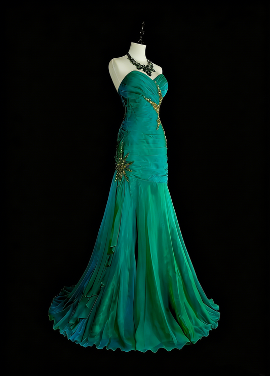 Vintage Mermaid Sweetheart Green Satin With Beads Long Gowns Formal 18th Birthday Party Prom Dresses N1751