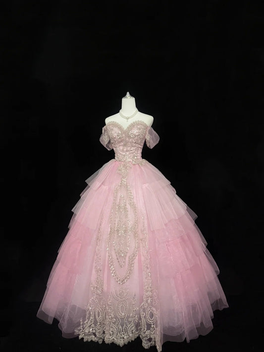 Sweet 15 Quinceanera Dress Ball Gown Off Shoulder Pink With Gold Lace Sleeves Long 15th Birthday Gown RC0318