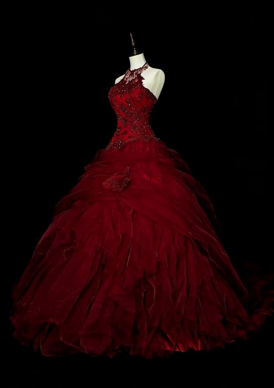 Vintage Ball Gown Halter Burgundy Tulle Sweet 16 Dresses Quinceanera Dress Long 15 Vestidos De Fiesta N1480