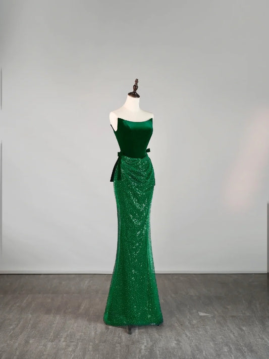 Robe de bal sirène bustier verte à sequins, inspiration robe de soirée, robe de princesse pour remise de diplôme N1078