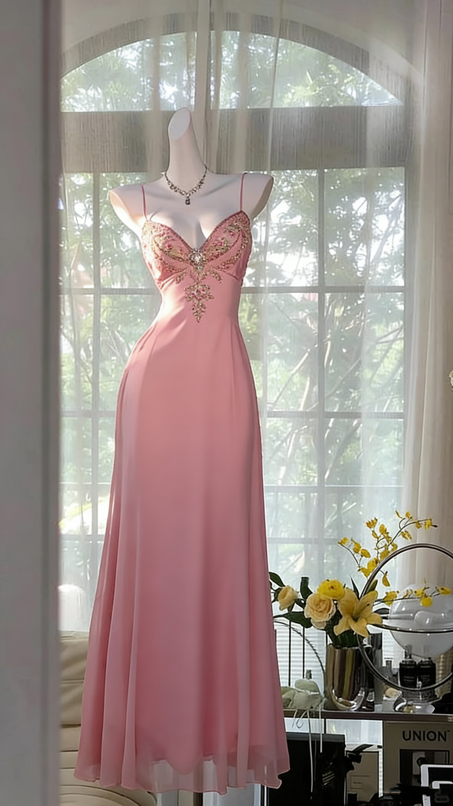 Magnifique robe de bal de fin d'année rouge en mousseline, bretelles spaghetti, coupe trapèze, N1239