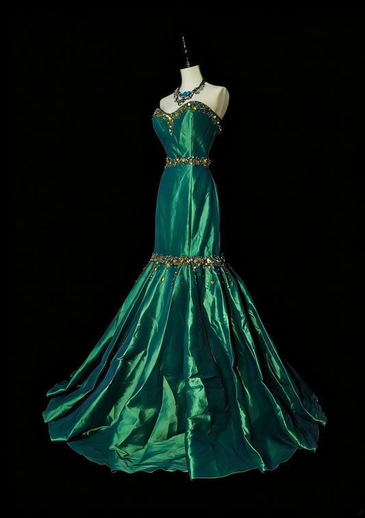 Vintage 1960s Mermaid Sweetheart Dark Green Satin Sleeveless Long Prom Formal Dresses N1596