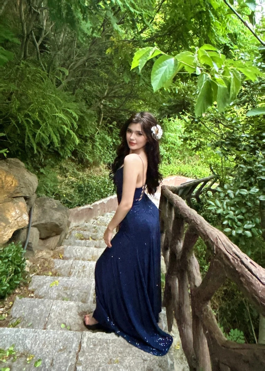 Sexy marineblaues, langes Meerjungfrauen-Abendkleid mit V-Ausschnitt, Schnürung und Schlitz AB640