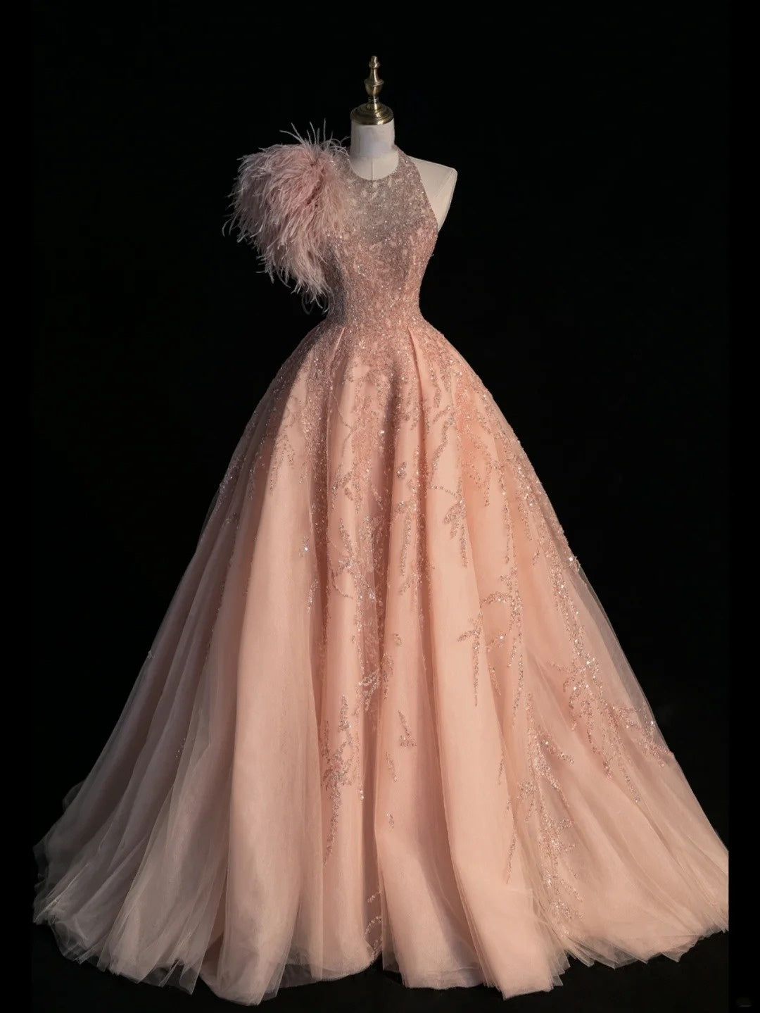 Robe de bal sobre, col rond, corsage rose perlé, tulle, longue robe de soirée formelle, robe de bal de fin d'année N748