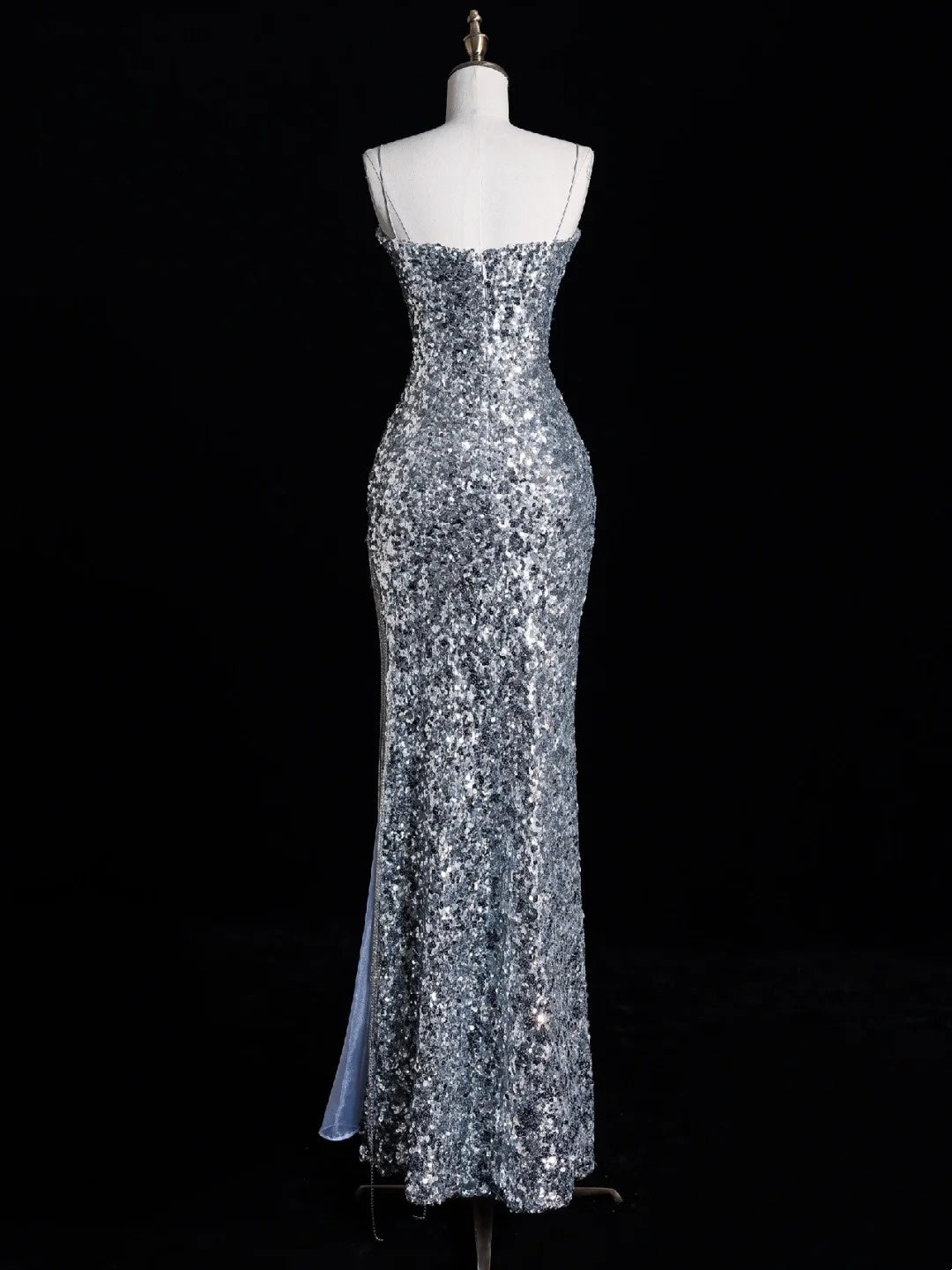 Robe de bal de fin d'année sirène chic à bretelles spaghetti et sequins gris argentés, robe longue de soirée pour lycéennes N1269
