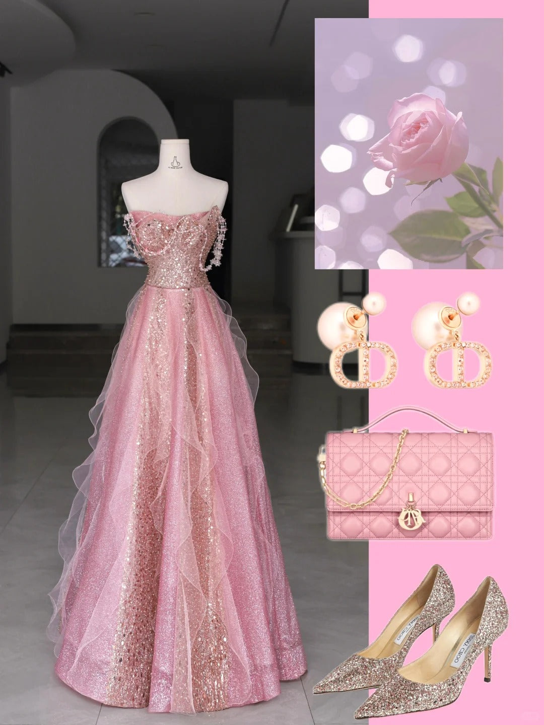 Robes de bal modestes trapèze bustier à paillettes roses longue robe de danse formelle N2979