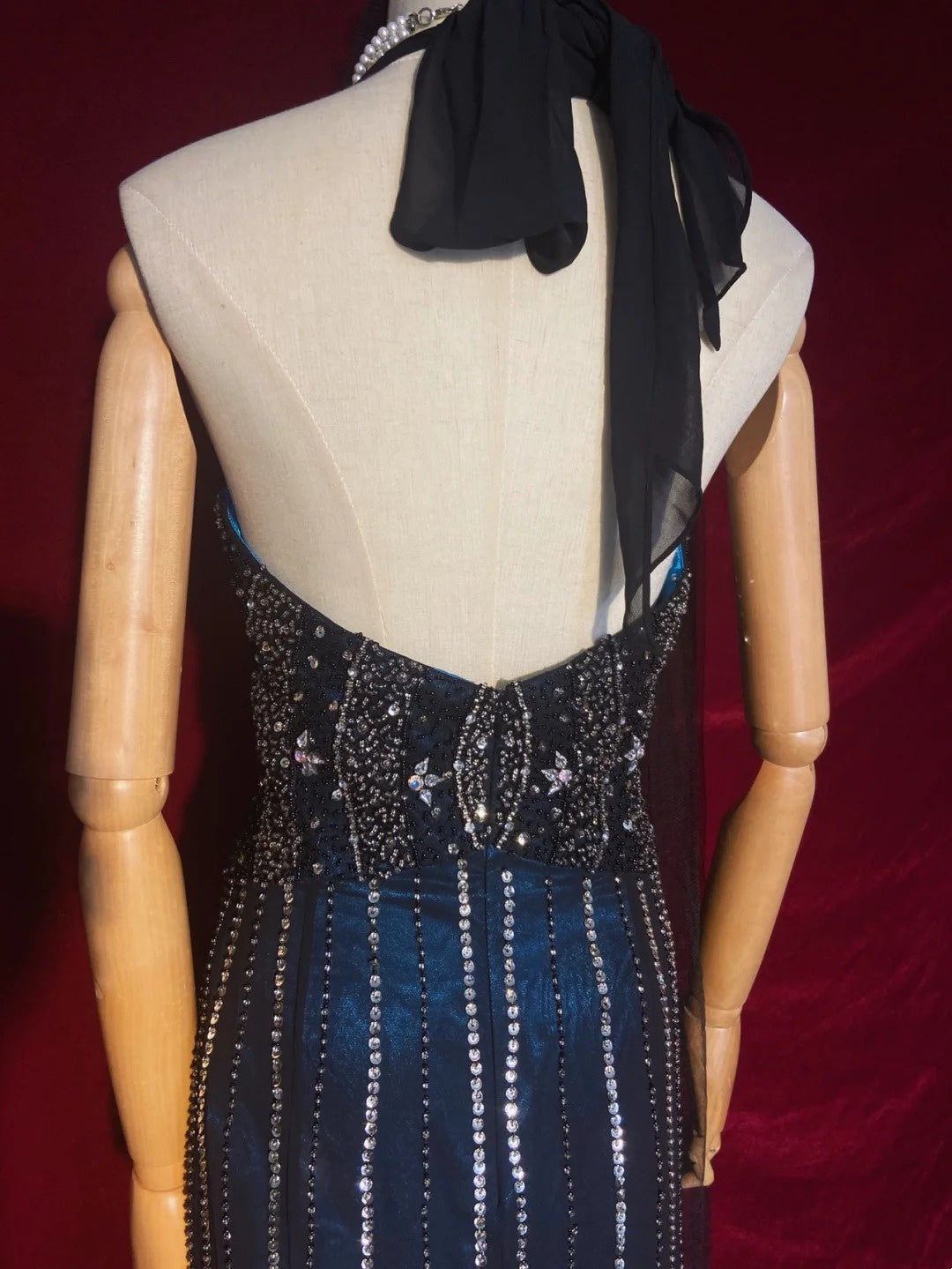 Robes de bal scintillantes, inspiration sirène, années 90, col licou, bleu marine foncé avec perles, pour femmes, robe de soirée N3273
