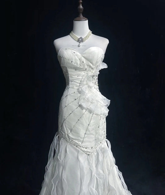 White Prom Dress Inspo Mermaid Sweetheart Beading Long Birthday Outfits Formal Party Gown RC0102