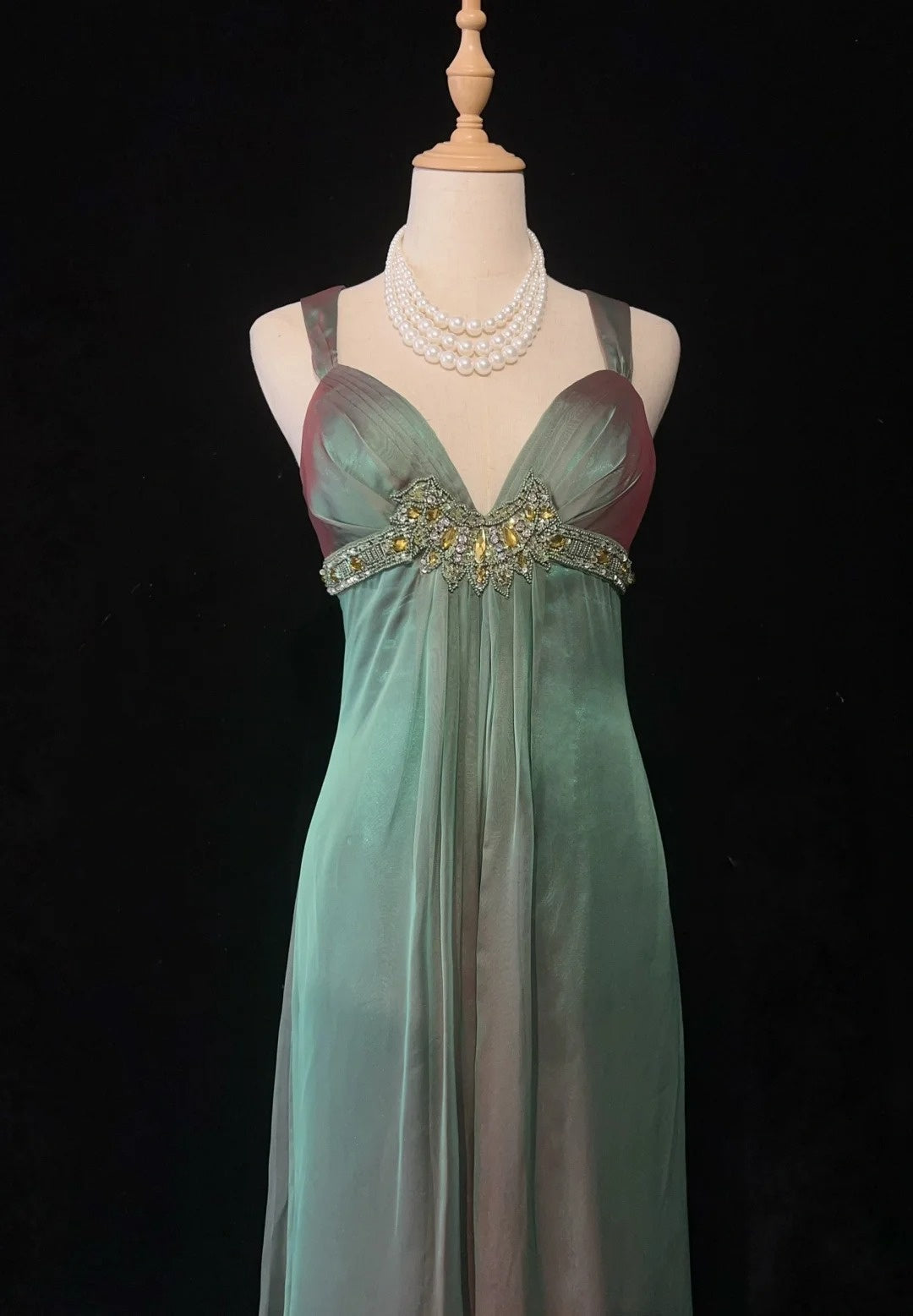 Robes de bal vintage coupe trapèze bustier cœur avec bretelles vert mousseline sans manches années 1990 longue robe de soirée formelle N2634