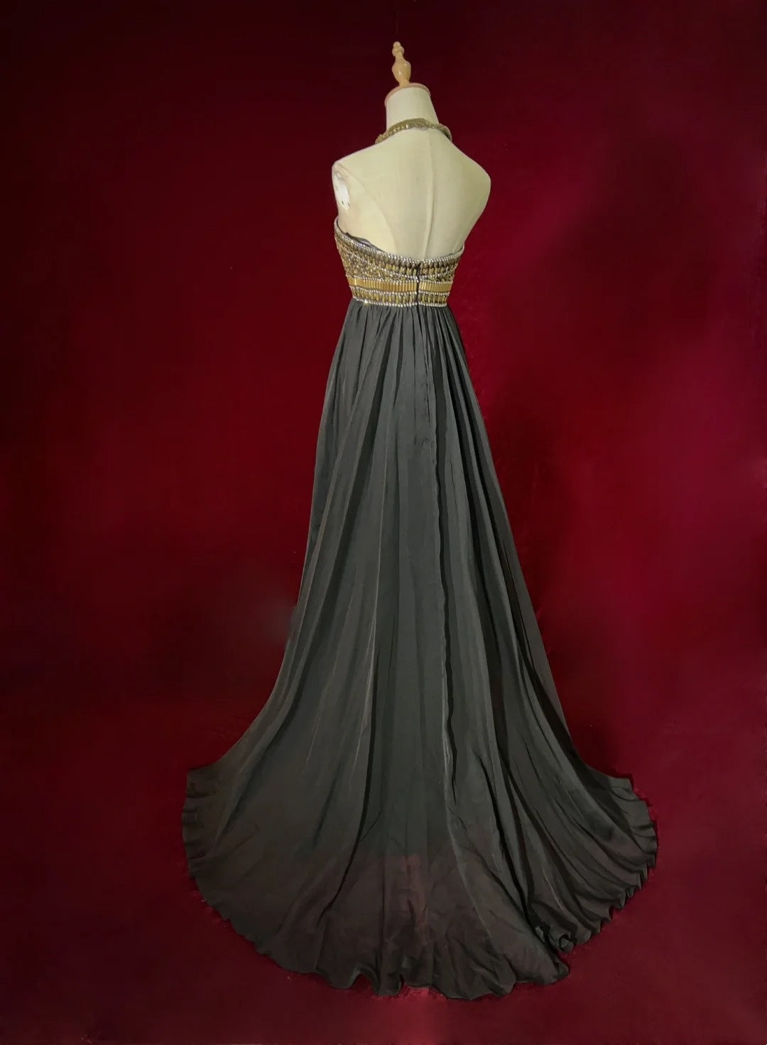 Robes de bal modestes d'inspiration ligne A en mousseline de soie noire bustier avec perles pour femme, robe de soirée N3215