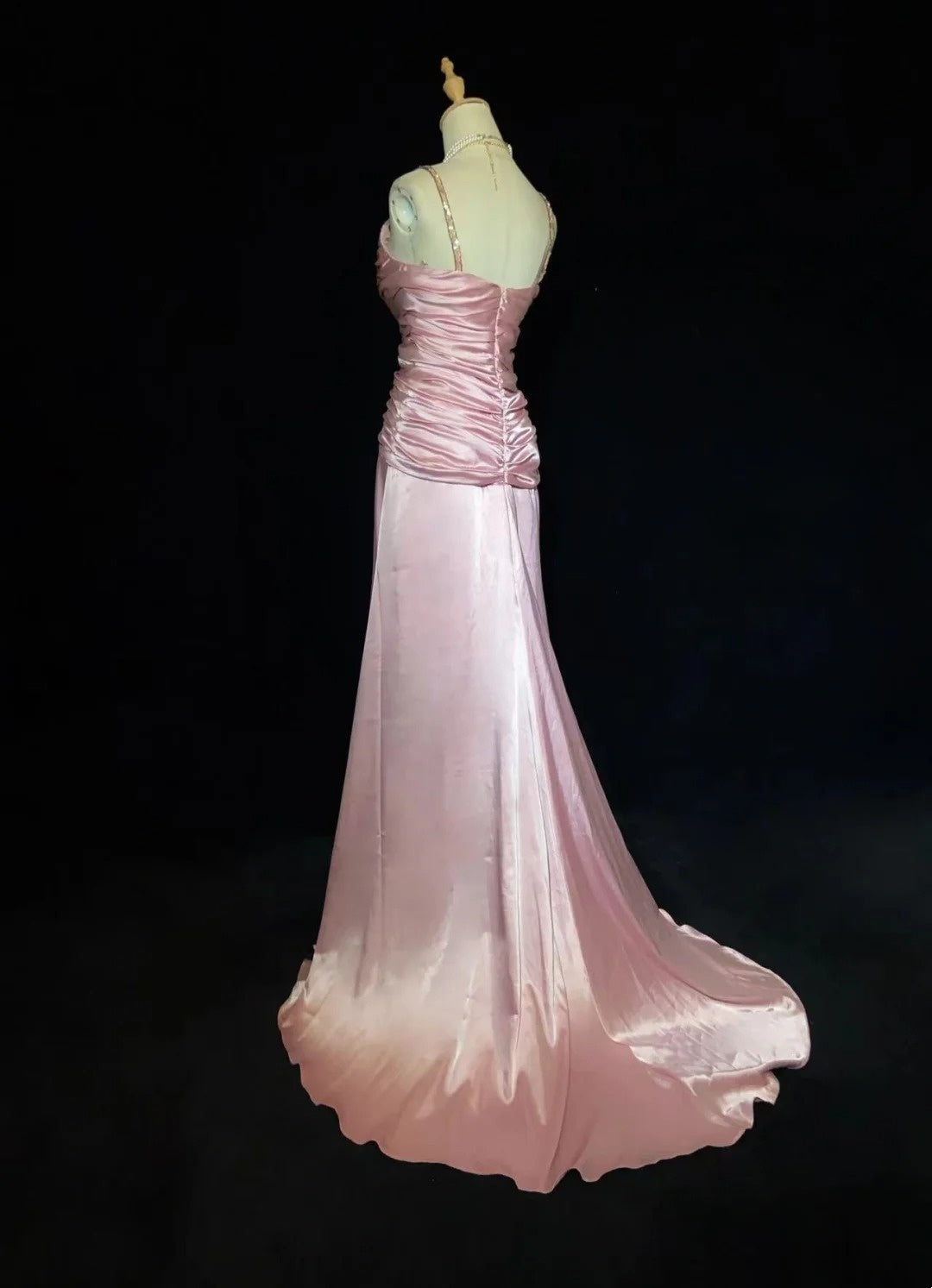 Vintage Abiballkleider 80er Meerjungfrau Spaghettiträger Rosa Satin Lange Formelle Abendkleider N3479