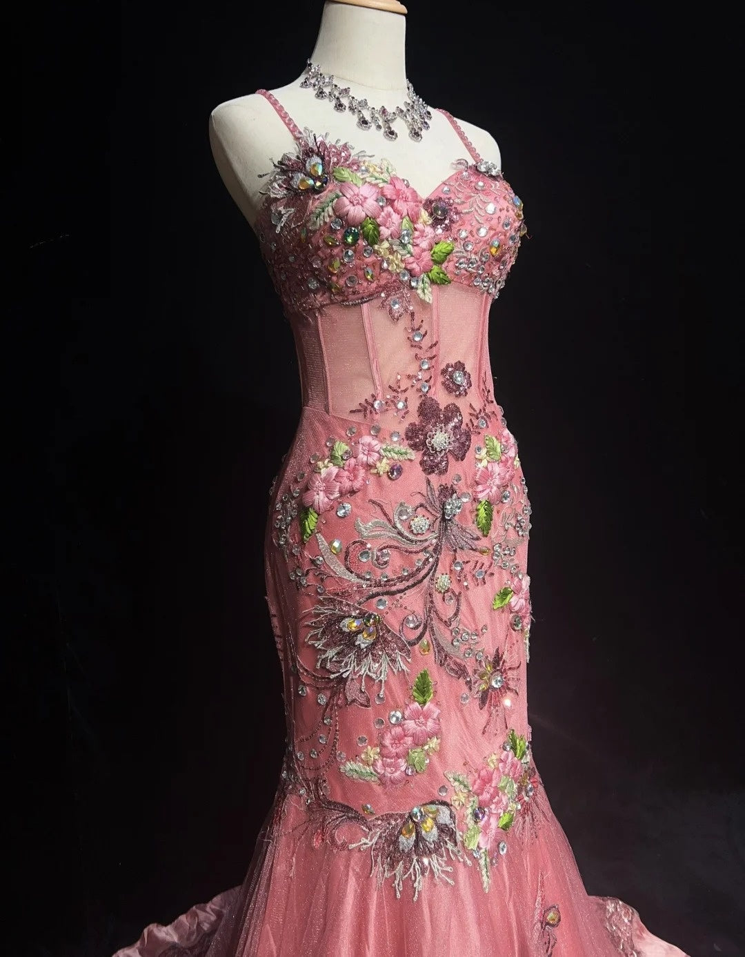 Robes de bal vintage sirène à fines bretelles en dentelle rose avec perles, longue robe de soirée années 90 N2890