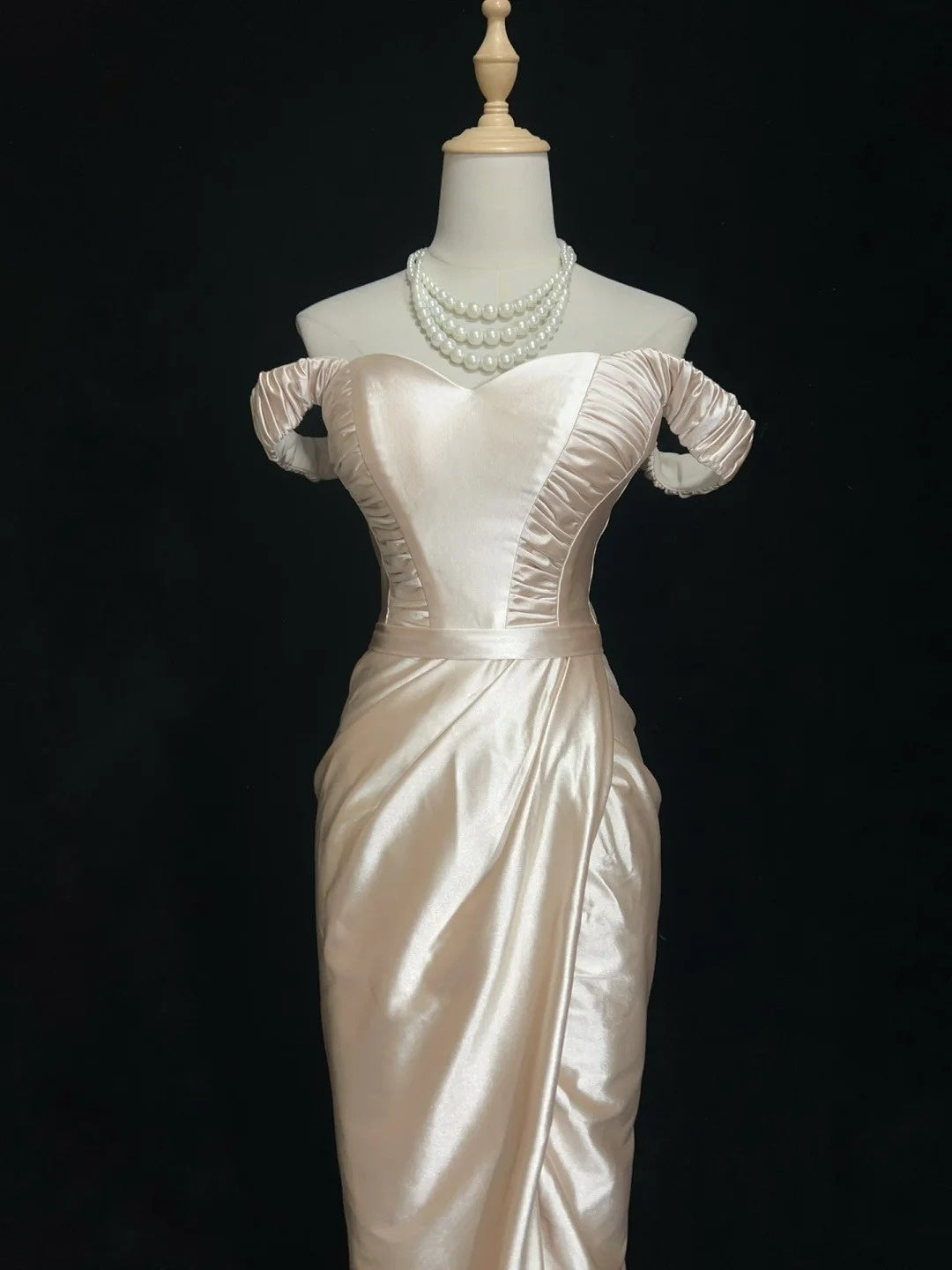 Vintage 90er Abschlussballkleider Meerjungfrau Off Shoulder Champagner Satin Langes Ballkleid N3010