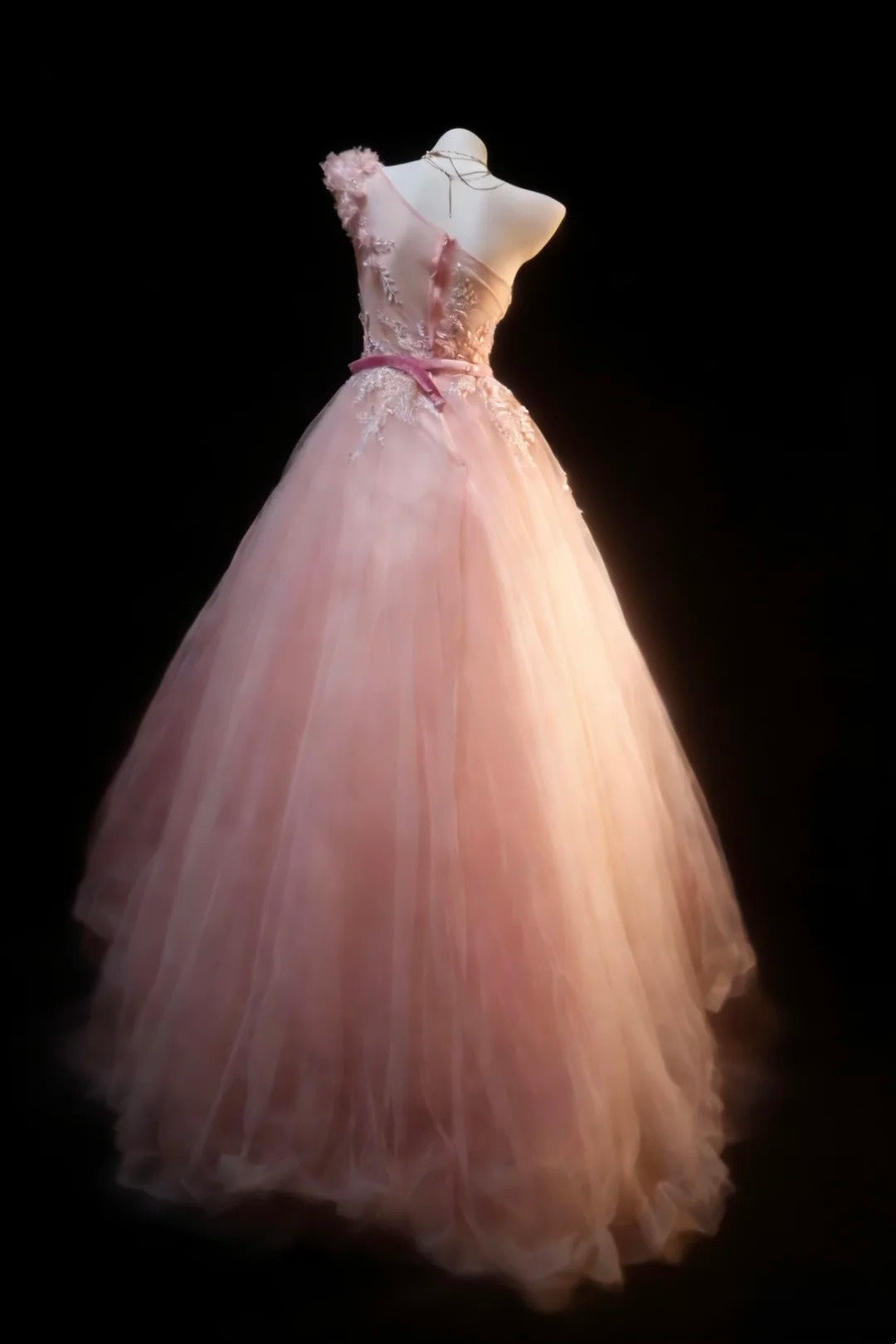 Jolies robes de bal de promo, robe de soirée asymétrique en tulle rose poudré avec appliques, longue robe de soirée N2954