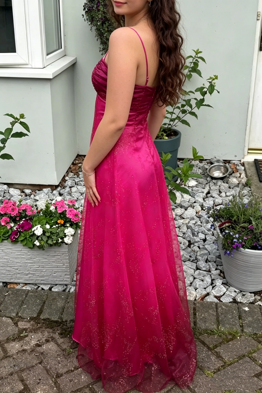 Vintage A Line Spaghetti Strap Hot Pink Sleeveless Long Prom Dresses For Women N4189