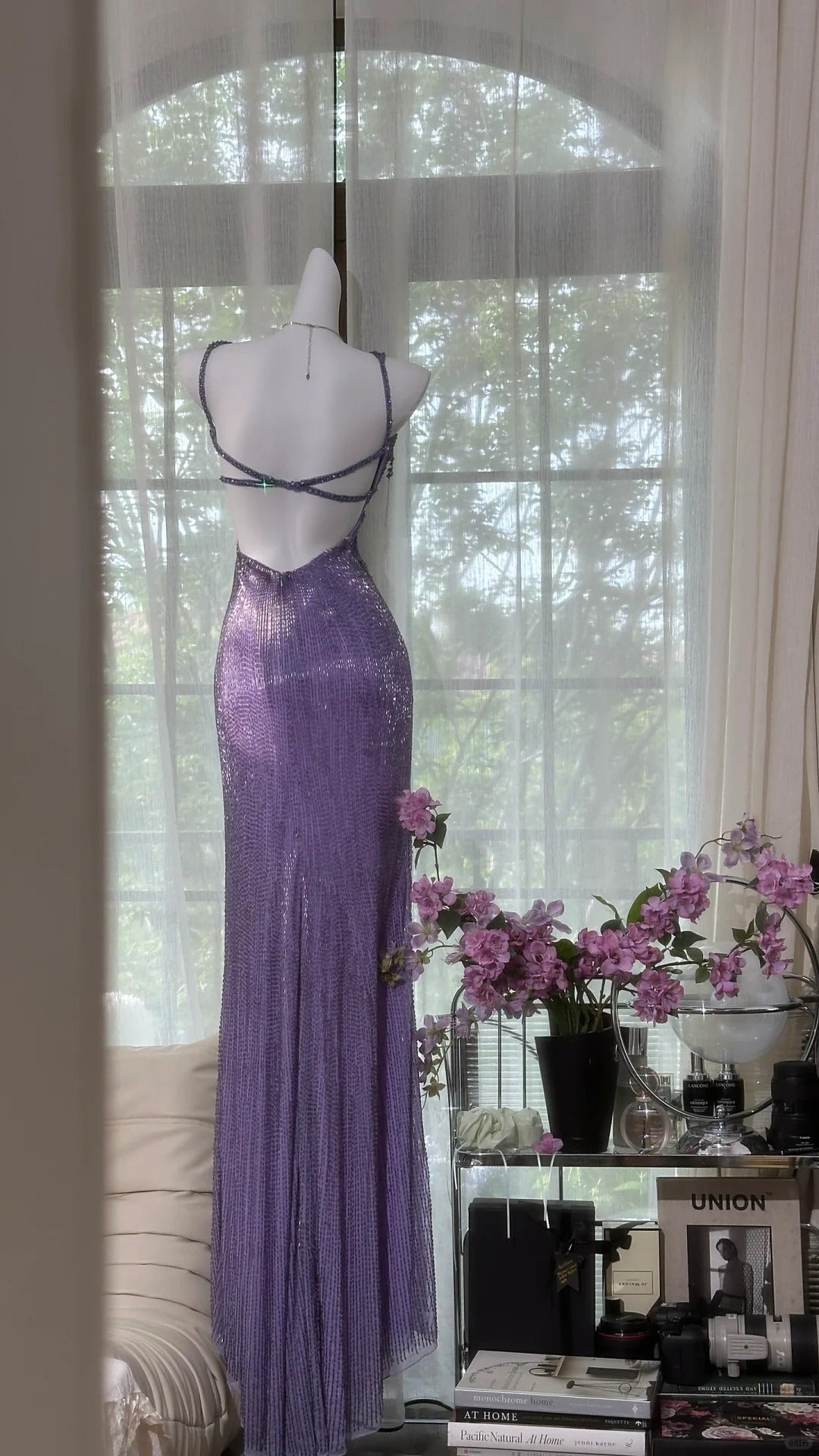 Élégantes robes de bal sirène à fines bretelles, paillettes violettes, fente, longueur ras du sol, tenues de soirée formelles N3532