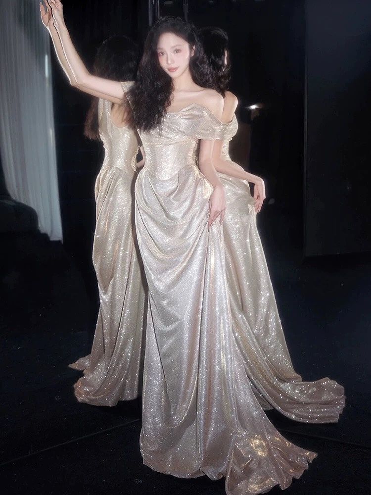 Champagne Sequin Evening Dress Mermaid Floor Length Strapless Off The Shoulder Special Occasion AB968