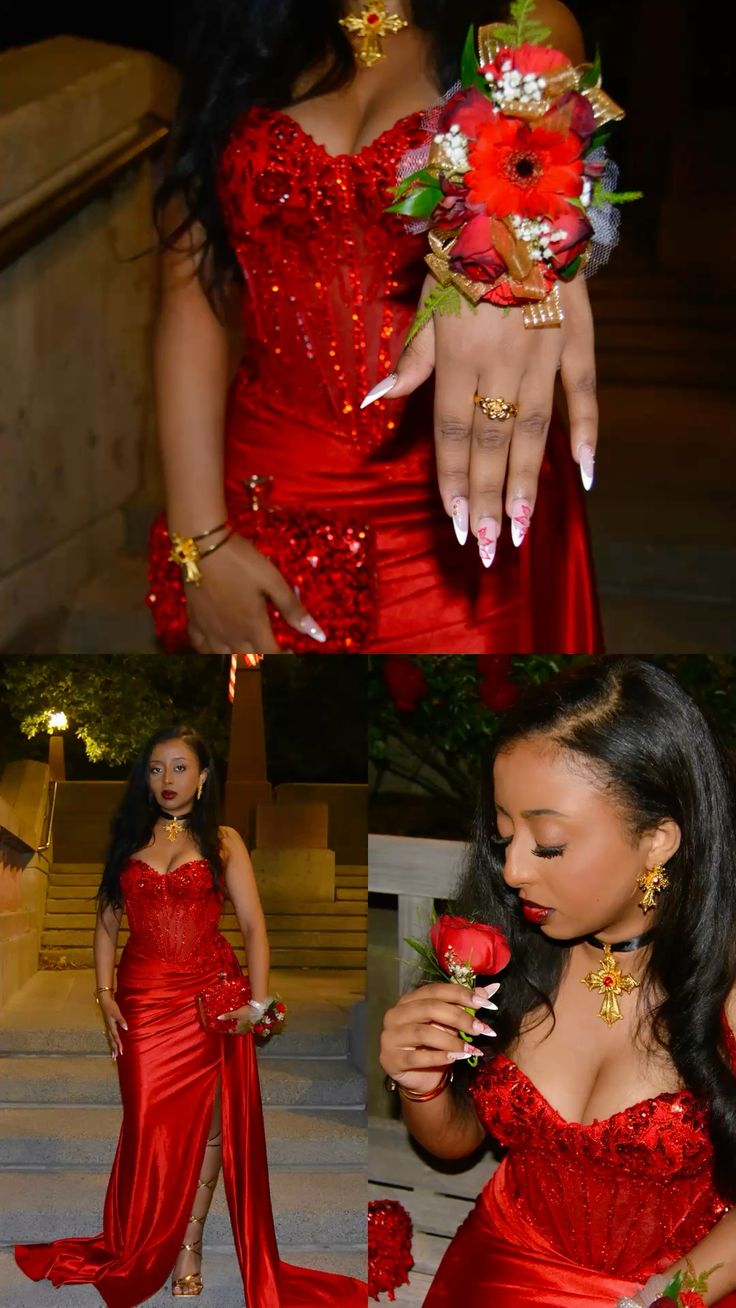 Robe de bal longue rouge satinée à fines bretelles et paillettes, style sirène, pour jeunes filles noires, référence N715