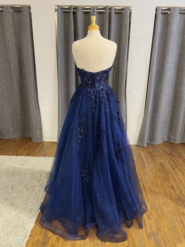 Strapless Open Back Navy Blue Lace Beaded Long Prom Dresses Formal Graduation Evening Dresses AB685