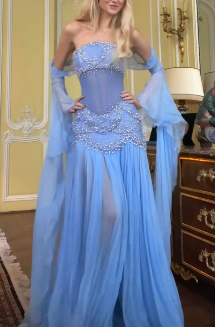 Luxuriöses hellblaues Chiffon-Abendkleid mit Perlenmuster, Prinzessinnen-Geburtstagskleid für Damen AB1455