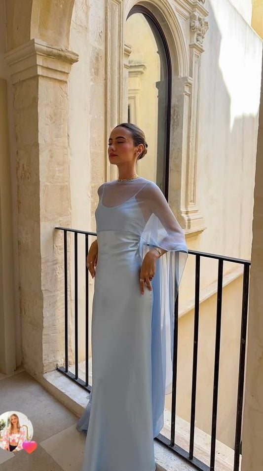 Schlichtes, blaues Chiffon-Abendkleid mit Spaghettiträgern in A-Linie – auch als Ballkleid oder Hochzeitsgastkleid geeignet (Modell N891)