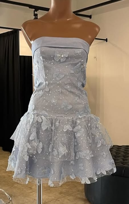 Süßes Neckholder-Minikleid in A-Linie, hellblau, Spitze, festliche, kurze Partykleider, Abendkleider RB3040