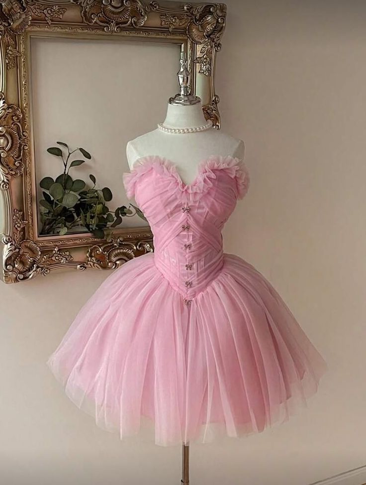 Sexy Ballkleid Sweetheart Pink Tüll Mini Abschlusskleider Kurz High School für die 8. Klasse Heimkehrkleid RB3393