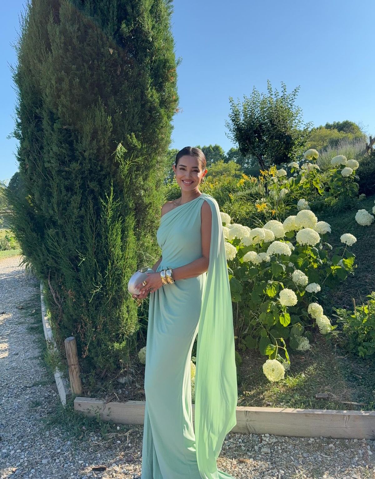 Robe longue sirène simple à une épaule drapée, verte, pour plage, été, jardin, inspiration, invitée de mariage N2466
