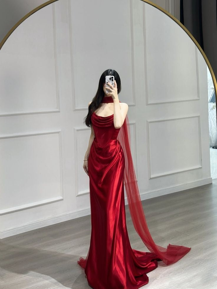 Robe de soirée sirène bordeaux sans bretelles, sexy, avec foulard, AB2093