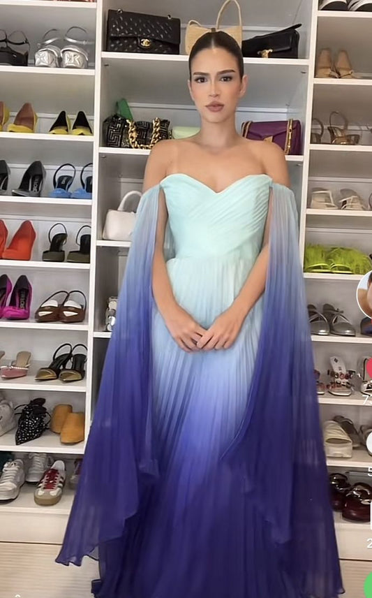 Elegantes, schulterfreies Chiffon-Abendkleid in A-Linien-Optik mit mehrfarbigem Farbverlauf in Grün und Blau, langes, formelles Abendkleid AB388