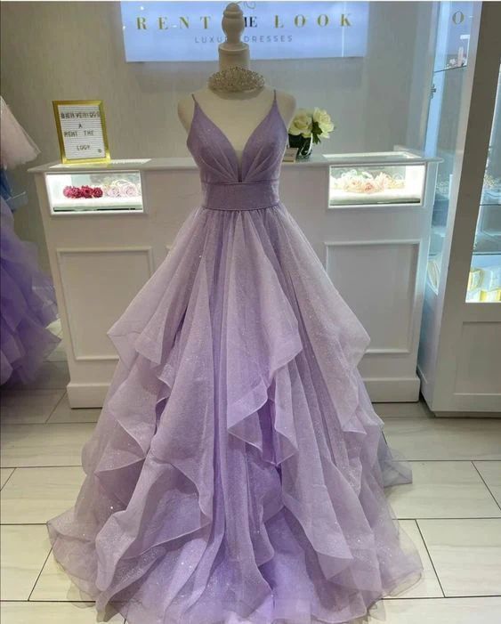 Robe de bal modeste à fines bretelles en tulle lilas, longue robe de soirée pour adolescentes, tenue de bal de fin d'année AB1074