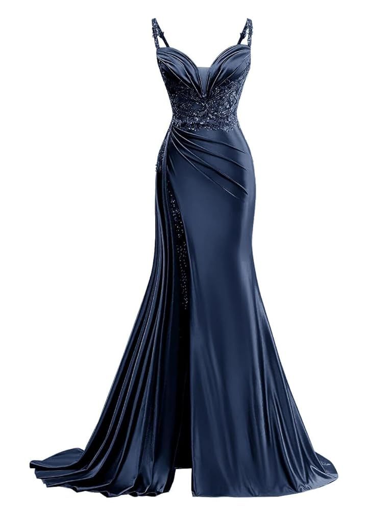 Robe de bal sirène élégante bleu marine à fines bretelles et fente en dentelle, plissée et à volants, modèle AB557