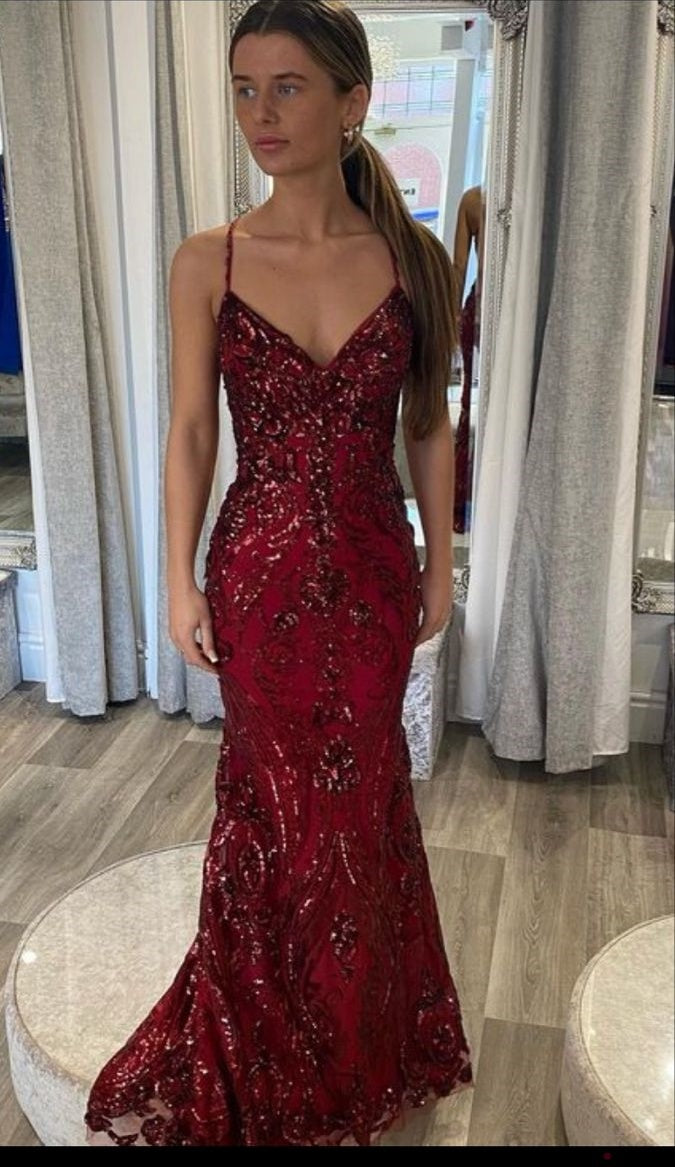 Robe de bal longue sirène à paillettes bordeaux, bretelles spaghetti, sequins, AB1478