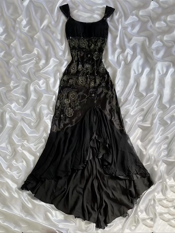 Elegantes Meerjungfrauen-Abendkleid aus schwarzem Chiffon mit eckigem Ausschnitt und Perlenbesatz, figurbetont, langes formelles Ballkleid, 16. Geburtstagskleid AB1275
