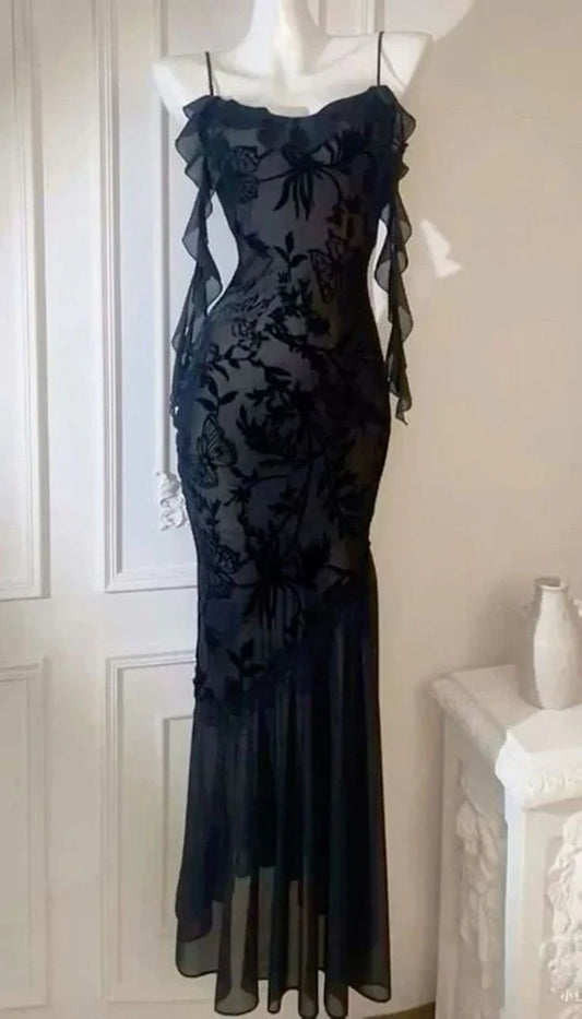 Vintage Mermaid Spaghetti Straps Black Lace Prom Dresses Formal Dress 18th Birthday Outfits Prom Gown RA076