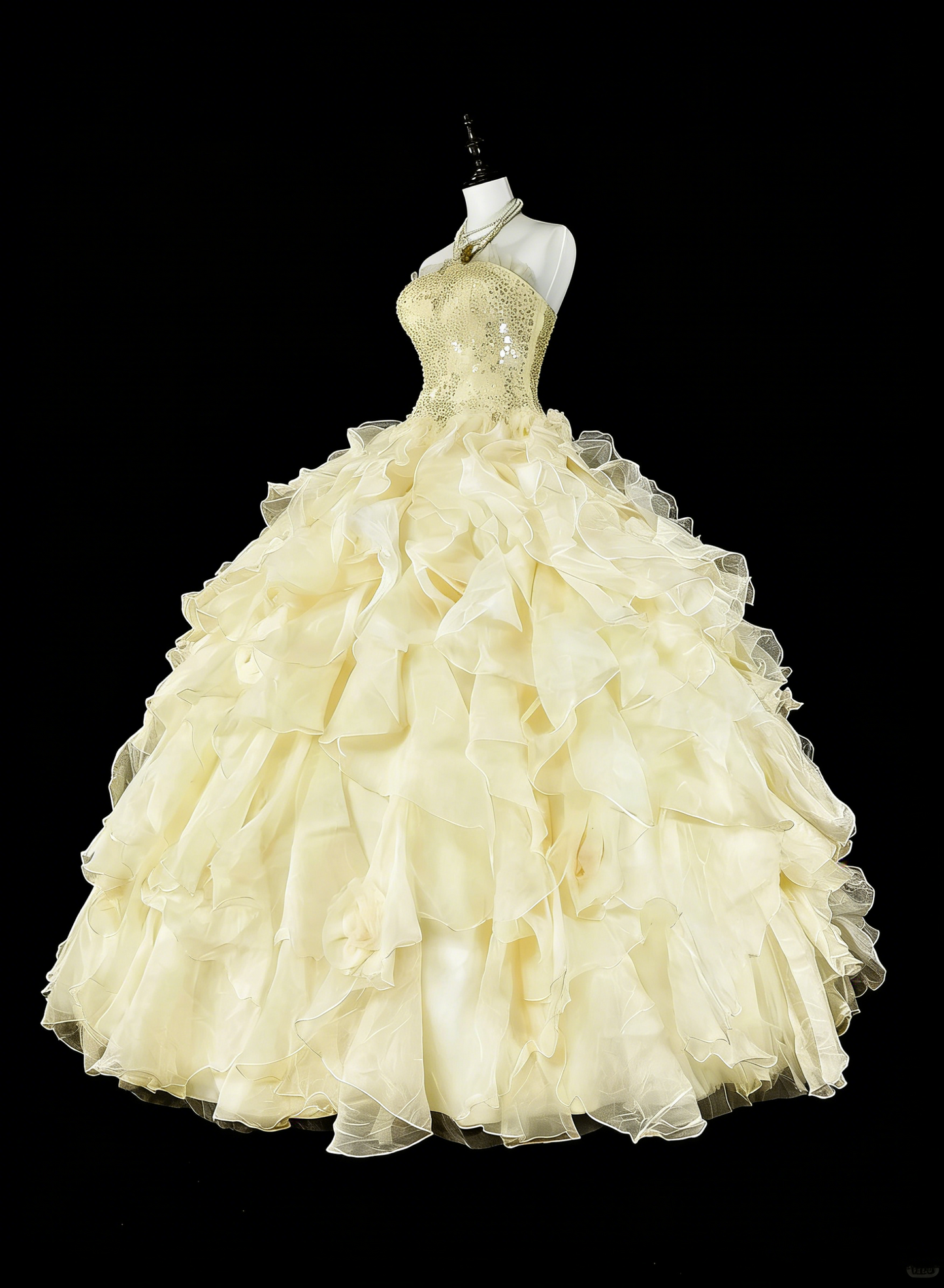 Robe de Bal Princesse Bustier Jaune Volants Étages Superposés Robes Sweet 16 Robe de Quinceañera N3418